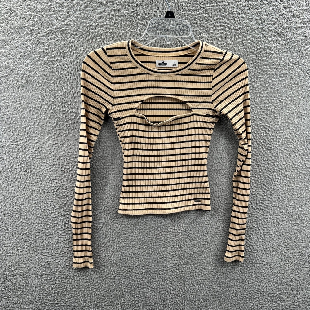 Hollister Womens Y2K Top S Beige Black Ribbed Stripe Cutout Long Sleeve Preppy